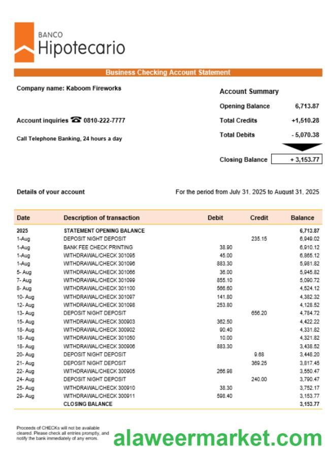 Banco Hipotecario company statement Word and PDF format